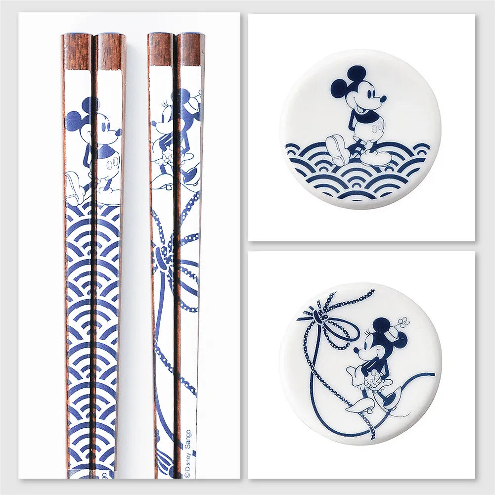 L231013 (預訂) 日本製 美濃燒 米奇和米妮天然木筷子+筷子托套裝 ; Mickey & Minni Mino-yaki chopsticks and holders set