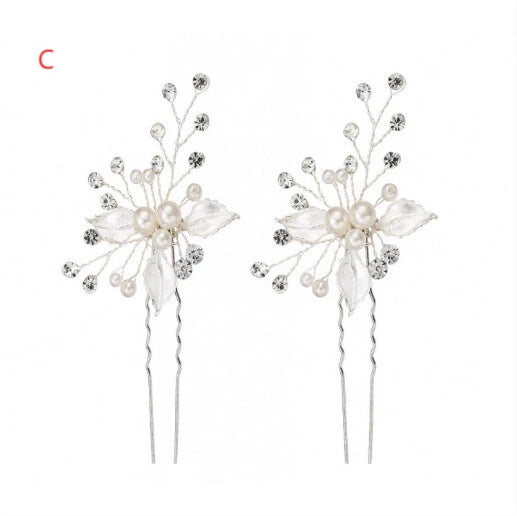 L230826 (預訂) 珍珠茂葉閃石髮簪 - 銀色 (2 件套裝) ; Silver pearl leaf hairpins (set of 2)