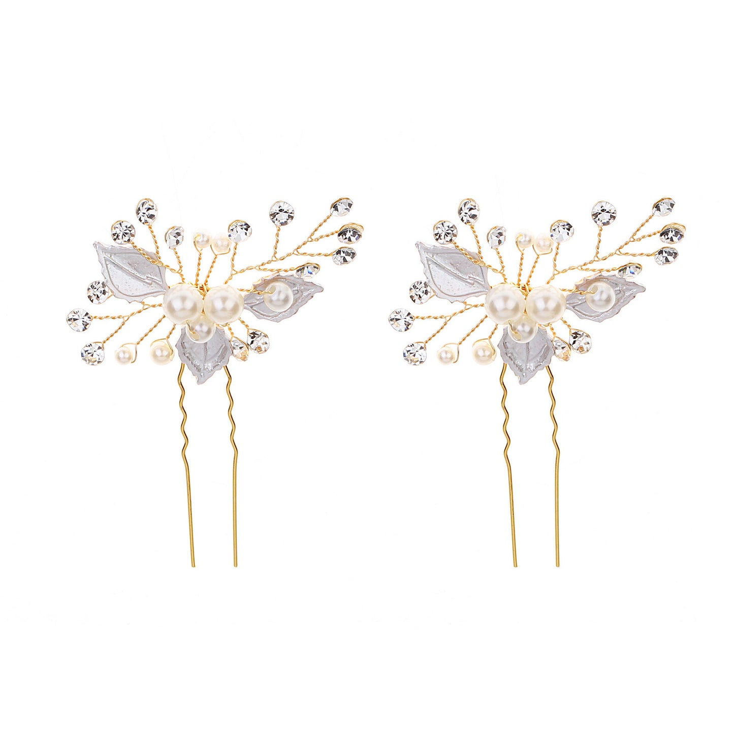 L230824 (預訂) 珍珠茂葉閃石髮簪 - 金色 (2 件套裝) ; Golden pearl leaf hairpins (set of 2)