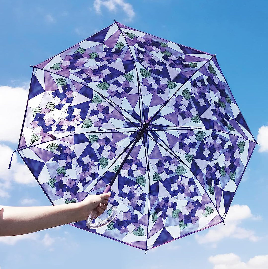 L2307-10 (預訂) 紫陽花彩繪玻璃透明長傘 ; Transperent flowral pattern umbrella