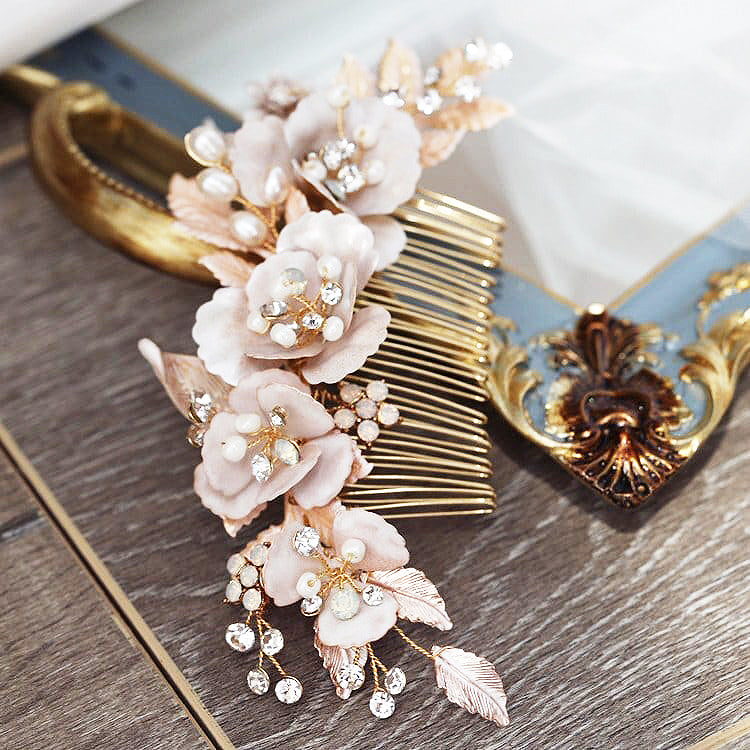 L230802 (預訂) 粉紅花串拼水晶白珠配玫瑰金髮簪 (2 件套裝) ; Crystal & pearl flower shape hair pin (set of 2 pieces)