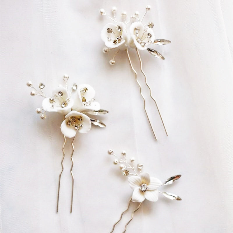 L2308-04 (預訂) 米白陶瓷小花拼水晶白珠髮簪 (金/ 銀) (3 件套裝) ; Off-white ceramic flowers hair pins in gold / silver (set of 3)