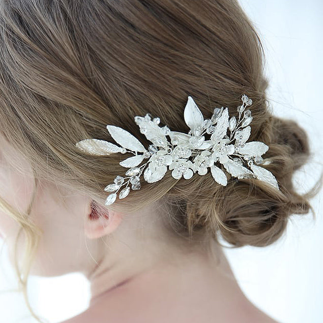 L230805 (預訂) 銀色小花葉子拼水晶白珠髮簪 (3 件套裝) ; Silver leafs with crystal & pearl hair pins (set of 3)