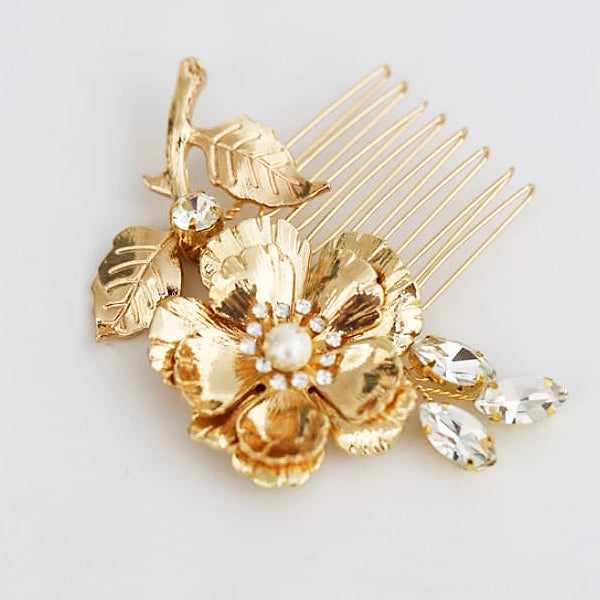 L230807 (預訂) 華麗金花拼閃石白珠髮簪 (2 件套裝) ; Golden flowers with crystal hair pins (set of 2)