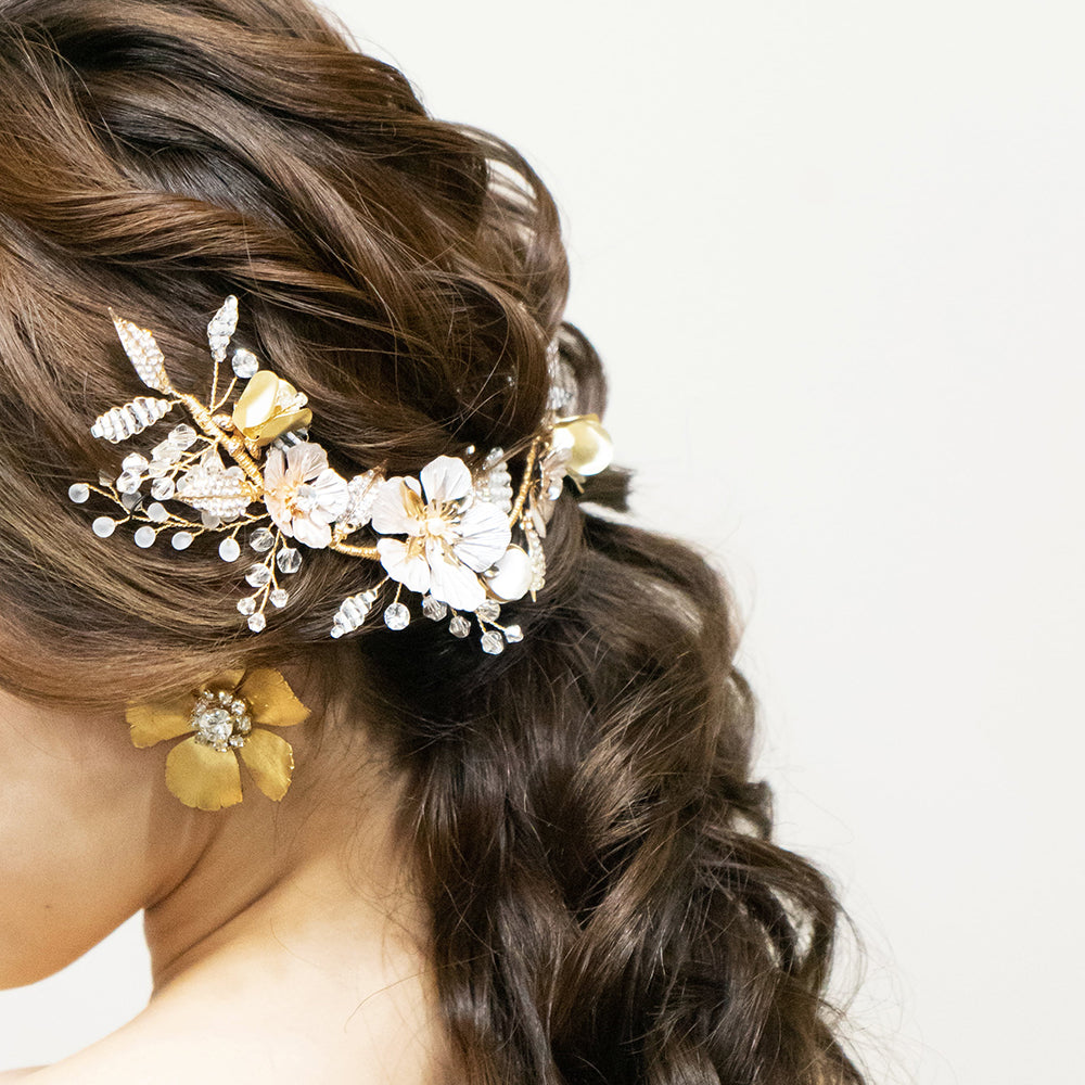 L230814 (預訂) 複古風玫瑰金花卉髮飾 ; Rose gold flower & leafs hair piece