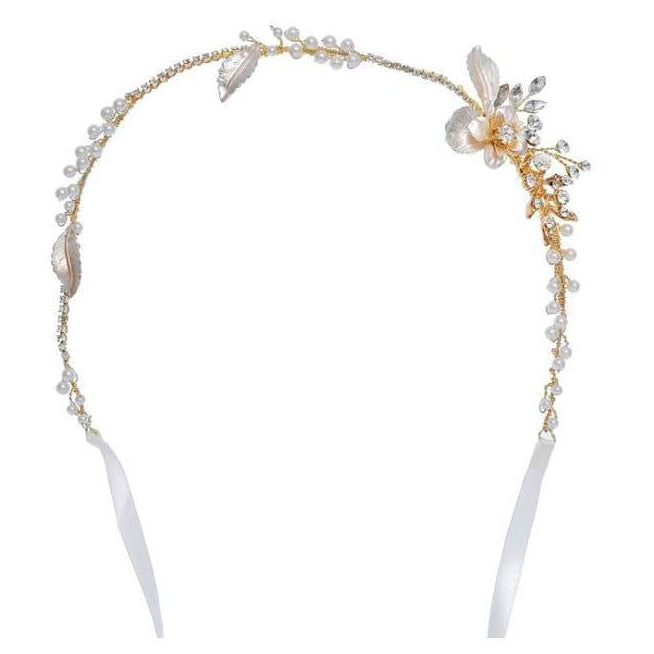 L230816 (預訂) 輕花漫舞白珠晶石髮飾 (付絲帶) ; Pearl & crystal hair band (with ribbon)