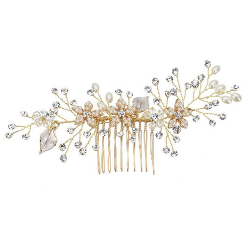 L230825 (預訂) 珍珠茂葉閃石髮簪 - 金色 (2 件套裝) ; Golden pearl leaf hairpins (set of 2)