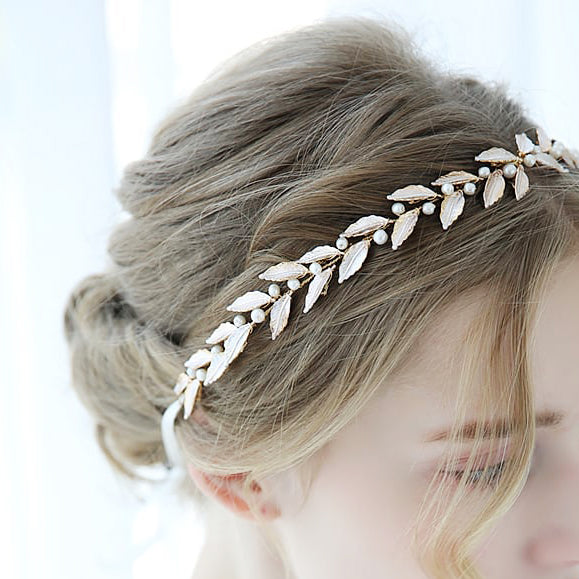 L230809 (預訂) 希臘女神白珠拼金葉髮飾 (付絲帶) ; White pearls & gold leaves hair ties (with ribbon)
