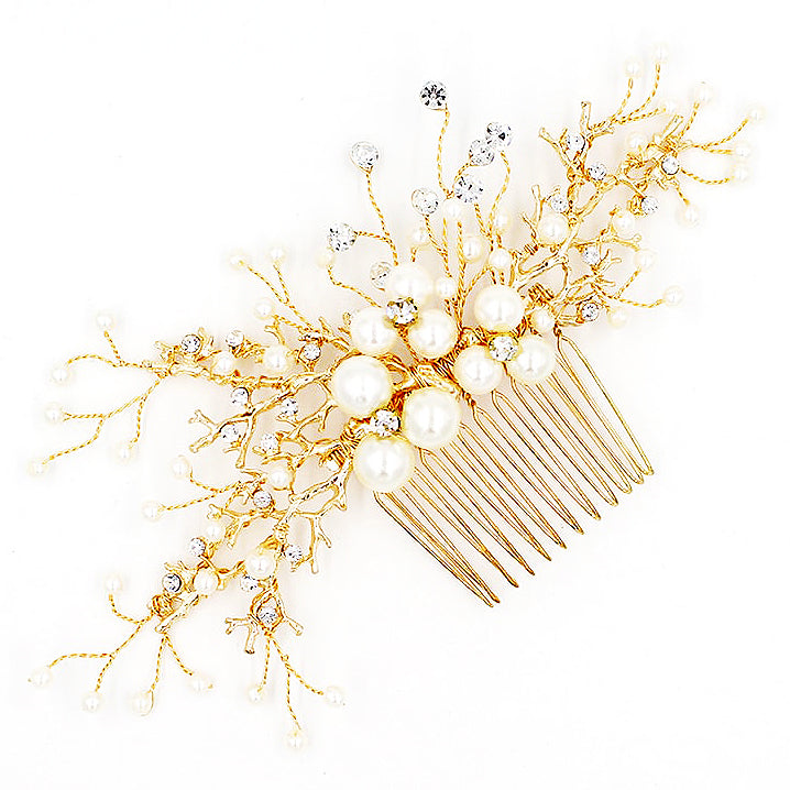 L230810 (預訂) 和風金枝玉葉白珠髮簪 ; Golden twigs with white pearl hair pin