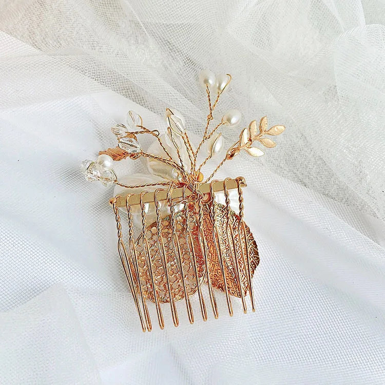 L240315 (預訂) 珍珠花立體金葉頭飾 (兩件套裝) ; Pearl flower with golden leaves hair pieces (set of 2)