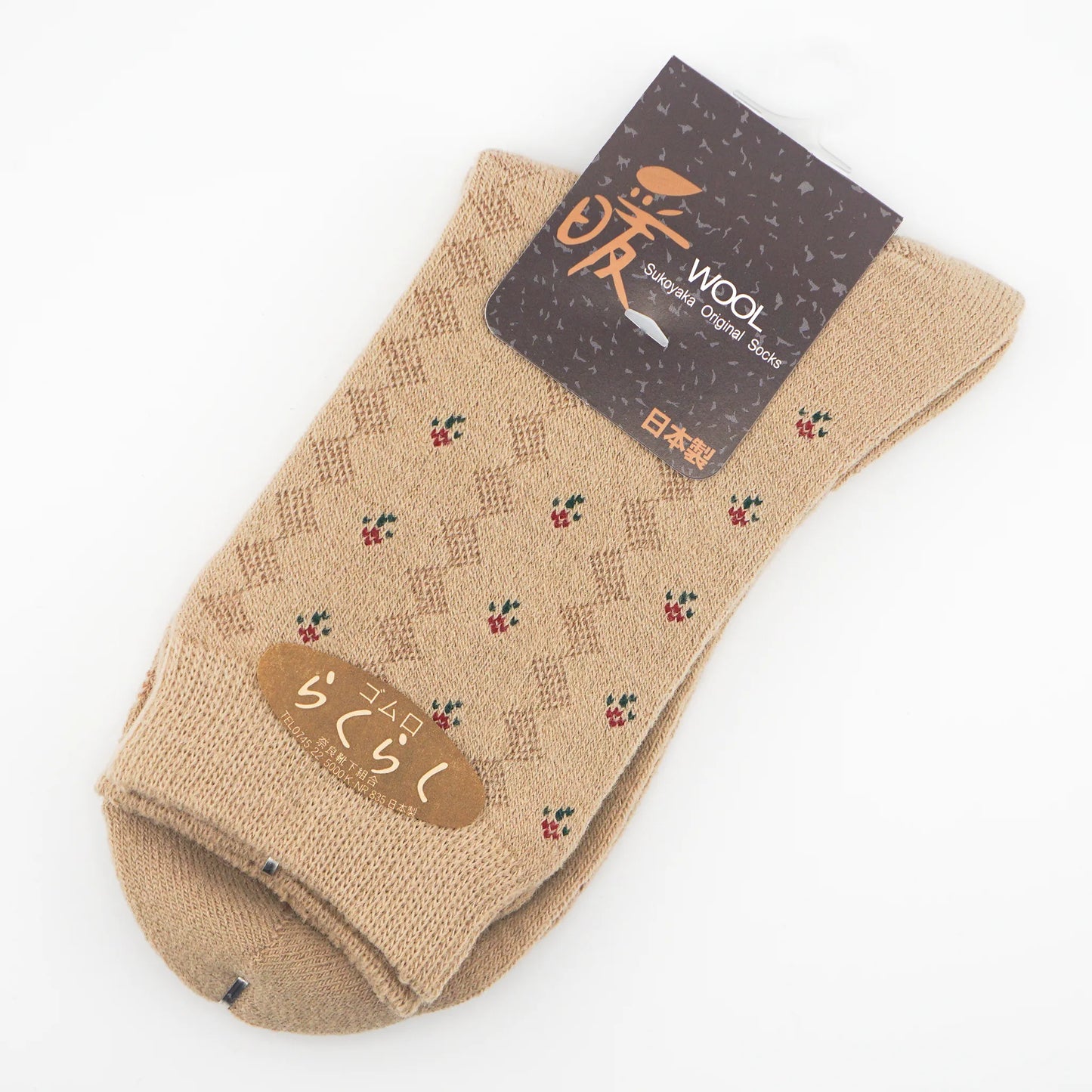 L2210-36 日本製 混羊毛織花花襪 (杏色)