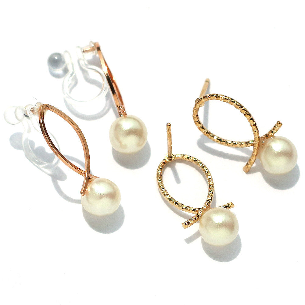 L2211-038 日本製魚尾珍珠無痛耳夾耳環 (玫瑰金雕刻花紋)