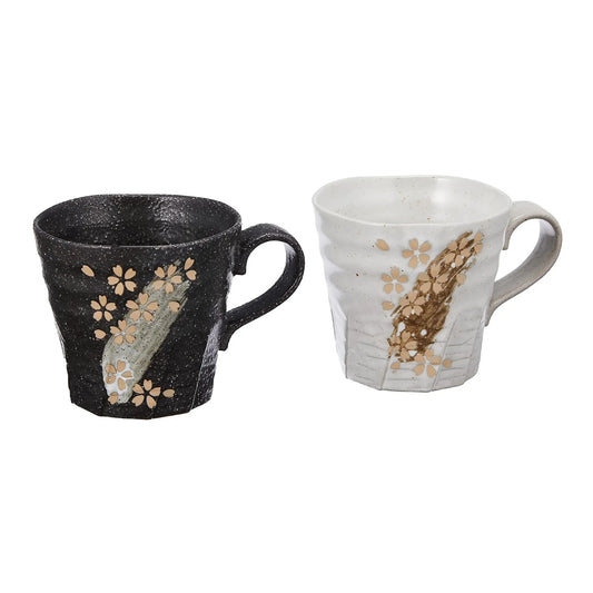 L240101 金漆櫻花黑白陶瓷杯套裝 ; Cherry blossom motif on Black & White ceramic mugs