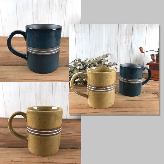 L240103 美濃焼 橫間設計陶瓷杯套裝 ; Striped line design mug set in yellow and dark blue