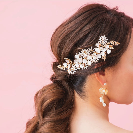 L240309  (預訂) 水鑽花朵手工髮夾 ; Handmade gold foil flowers & crystal hair clip