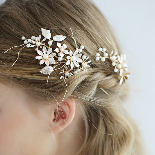 L2308-15  (預訂) 繁花枝葉珍珠髮簪 (3 件套裝) ; Flower blossom with crystal & pearl twig hair pins (set of 3)
