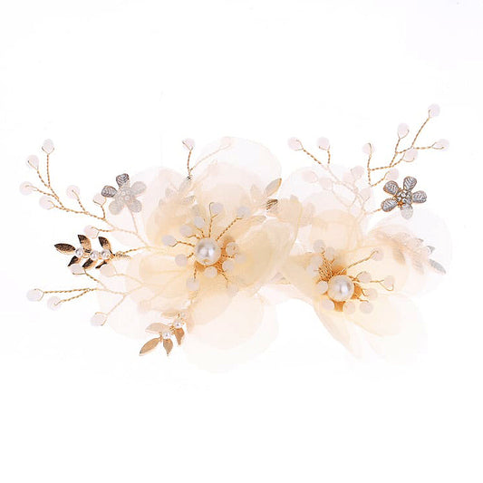 L2308-21   (預訂) 輕紗漫舞立體花瓣髮飾 (付髮夾) ; Floral design with pearl germs and god accents hair pieces (with clip)