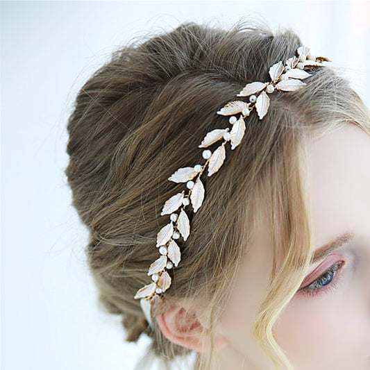 L2308-09  (預訂) 希臘女神白珠拼金葉髮飾 (付絲帶) ; White pearls & gold leaves hair ties (with ribbon)