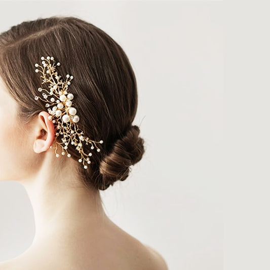 L2308-10  (預訂) 和風金枝玉葉白珠髮簪 ; Golden twigs with white pearl hair pin