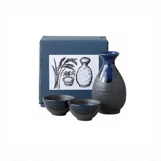 L231204 日本製 美濃燒( 黒吹青流 )清酒杯禮盒套裝 ; Mino-yaki Sake Cup Set in Black & Blue Design