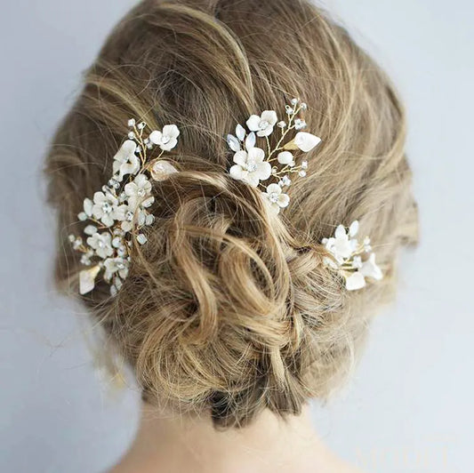L240313 (預訂) 水晶淡雅米白梔子花束頭飾 + 耳環(5 件套裝) ; Gardenia flower hair pins + earrings set of 5