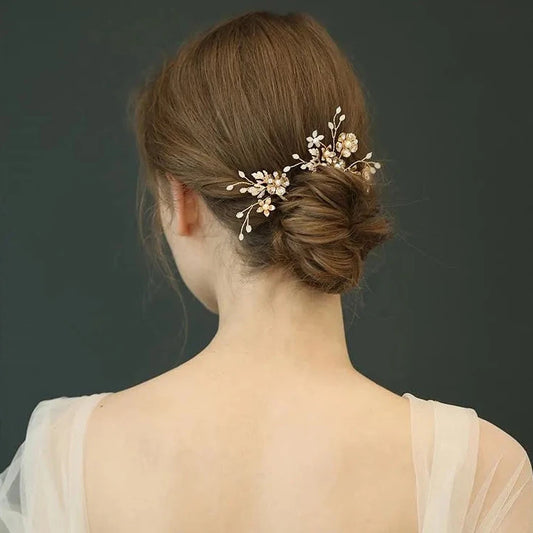 L240314 (預訂) 山茶花珍珠水晶頭飾 (三件套裝) ; Golden camellia hair pins with pearl & crystal (set of 3)