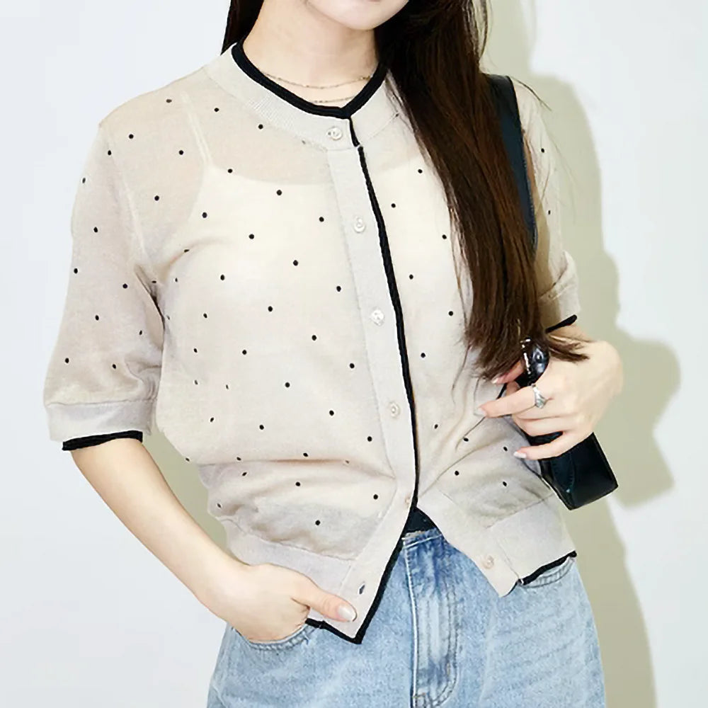 U260703 | PUBLUX Polka-dot short-sleeve knit cardigan with a layered look