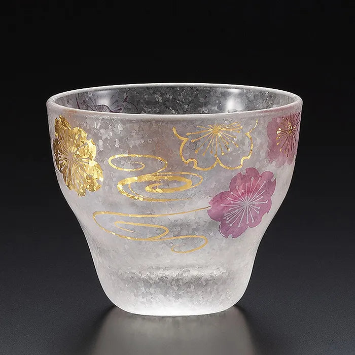 L2303-01 日本製 Premium Glass 金色櫻花流水花紋清酒杯 (1 隻/2 隻禮盒套裝) ; Premium Glass sake cup in sakura & banrai patterns (1 or 2 pcs)