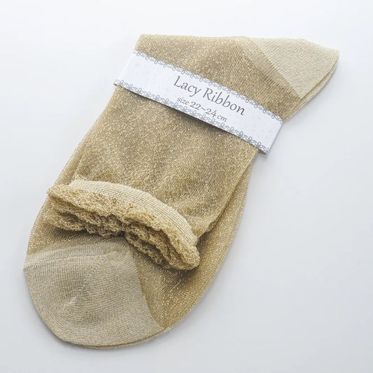 L2210-26 日本Lacy Ribbon 半透絲質短襪 (金色)