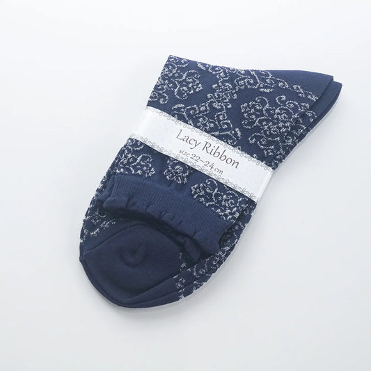 L2210-28 日本Lacy Ribbon 半透絲質短襪 (深藍銀線)