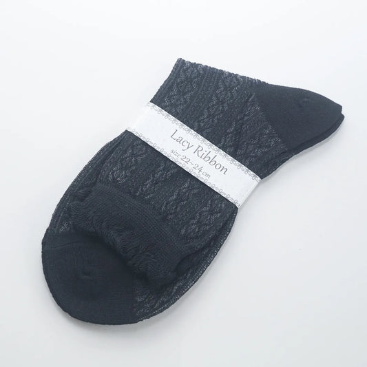 L2210-29 日本Lacy Ribbon 半透絲質短襪 (黑色銀線)