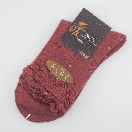 L2210-35 日本製 混羊毛織花花襪 (酒紅色)