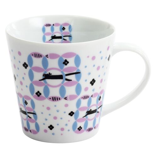 L2211-026  (預訂) 日本製 貓咪 馬克杯 (貓咪魚仔圖案) ; (Pre-order) Coffee mug with fish-and-cat patterns