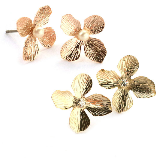 L2211-039 日本製花卉水鑽金飾耳環 (夾耳款式, 沒有耳孔亦可)