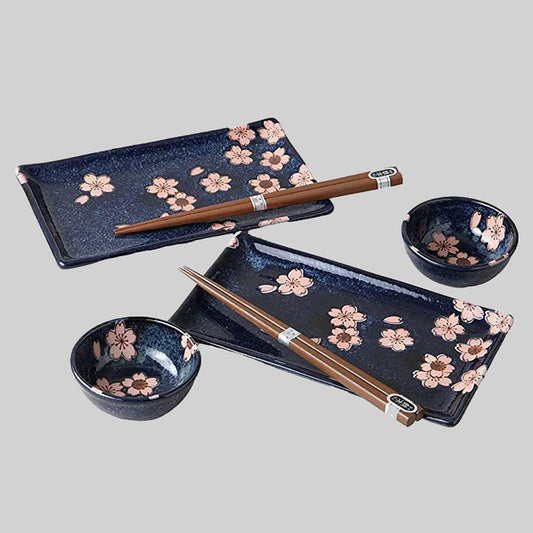 L2303-12  (預訂) 日本製 夜櫻美濃燒陶瓷壽司碟及調味小碟 (2 隻套裝) ; (Pre-order) Mino-yaki sushi plates and seasoning dishes set in Sakura pattern